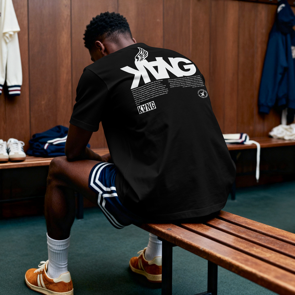 Person sitting on a bench in a locker room wearing a black t-shirt with text on the back.